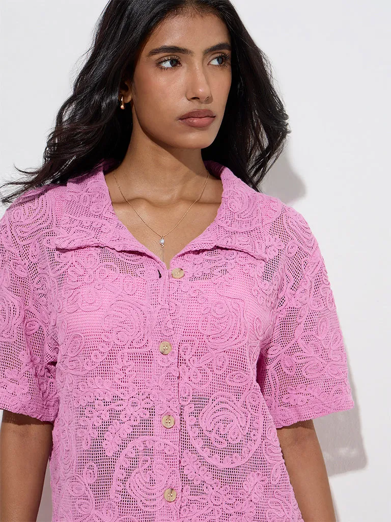 LOV Pink Floral Lace Detailed Cotton Shirt