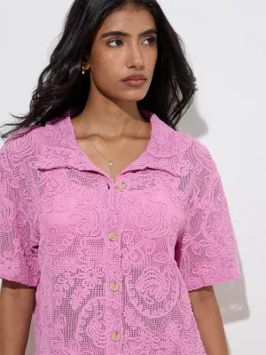 LOV Pink Floral Lace Detailed Cotton Shirt