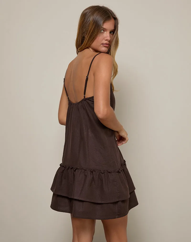 Mailina Linen Button Up Mini Dress in Chocolate Brown