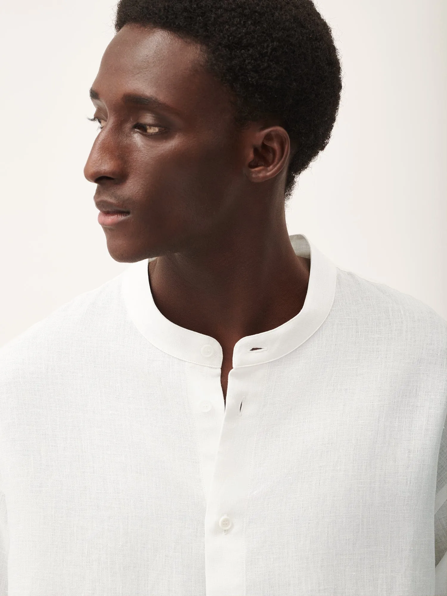 Mens Aloe Linen Mandarin Collar Long Sleeve Shirt—off-white