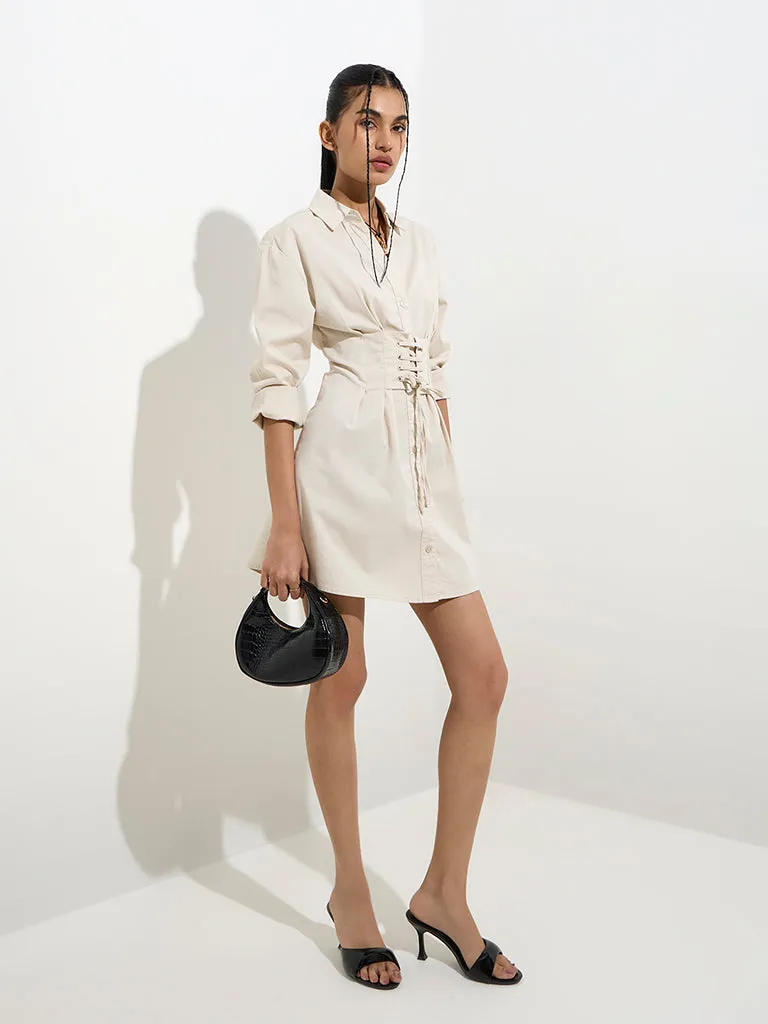 Nuon Beige Criss-Cross Detailed Cotton-Blend Shirt Dress