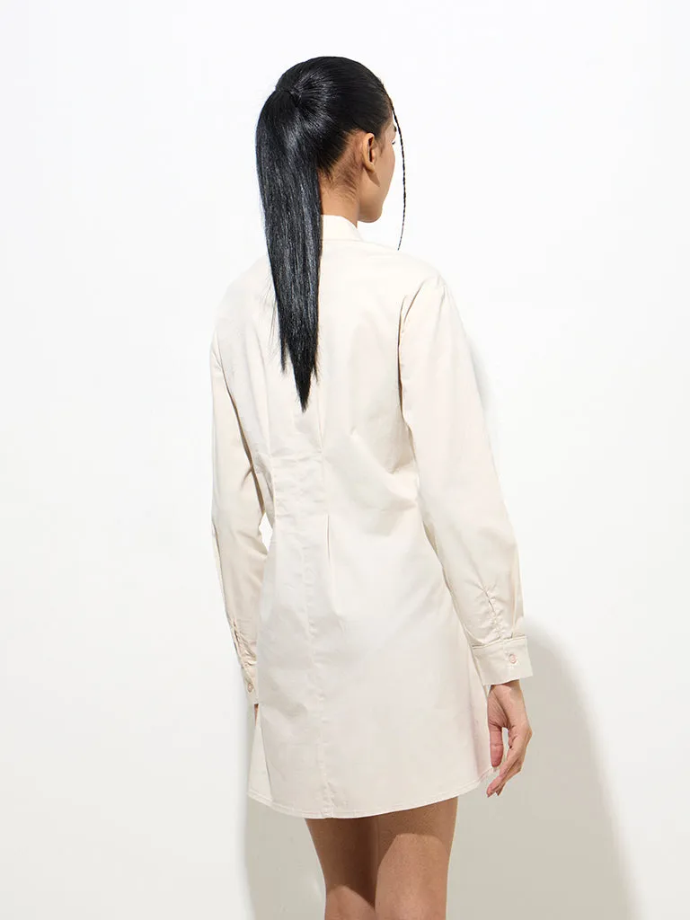 Nuon Beige Criss-Cross Detailed Cotton-Blend Shirt Dress