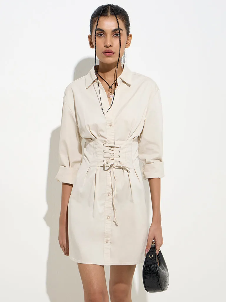 Nuon Beige Criss-Cross Detailed Cotton-Blend Shirt Dress