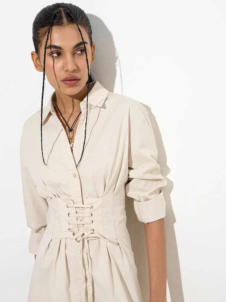 Nuon Beige Criss-Cross Detailed Cotton-Blend Shirt Dress