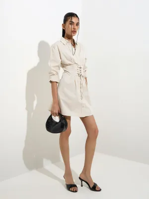 Nuon Beige Criss-Cross Detailed Cotton-Blend Shirt Dress