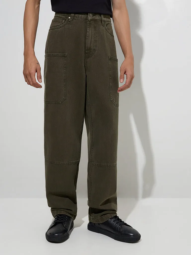 Nuon Dark Olive Relaxed-Fit Mid-Rise Jeans
