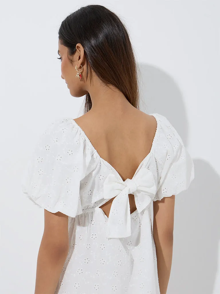 Nuon White Schiffli Detailed A-Line Cotton Dress