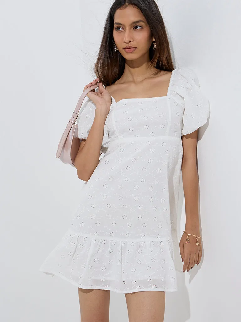Nuon White Schiffli Detailed A-Line Cotton Dress
