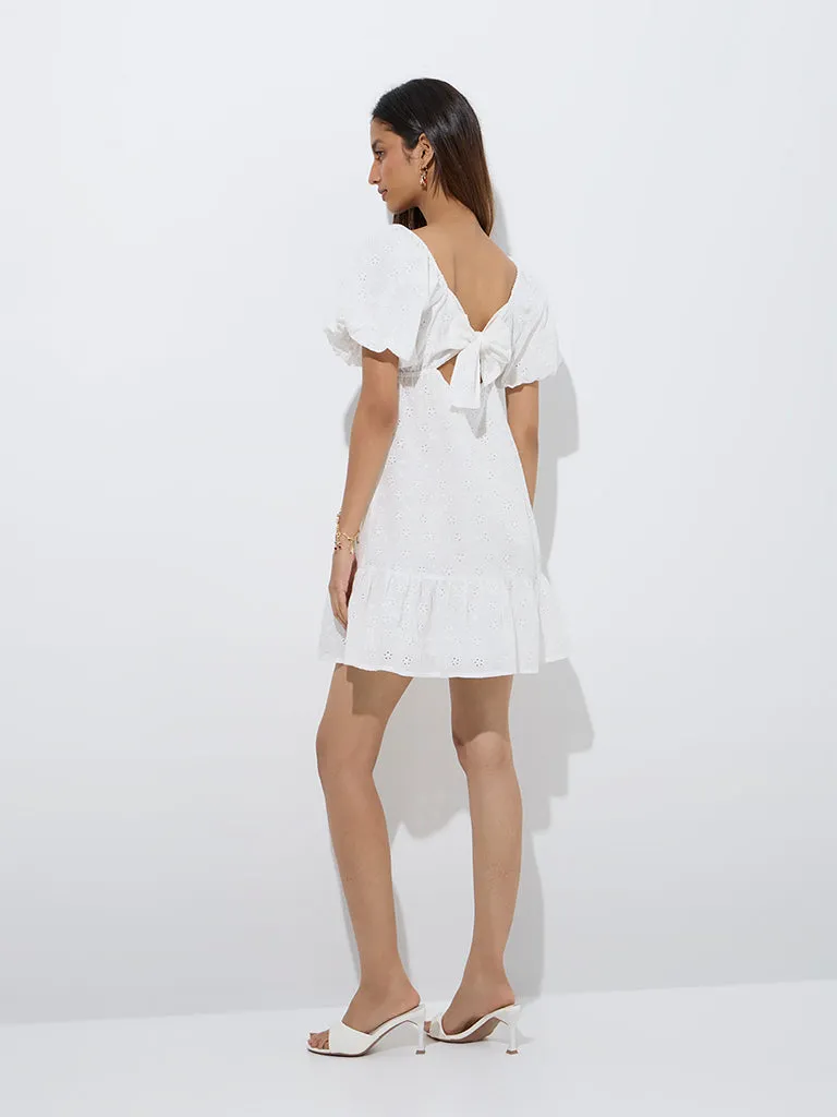 Nuon White Schiffli Detailed A-Line Cotton Dress
