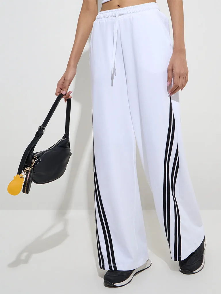 Studiofit White Striped High-Rise Cotton Track Pants