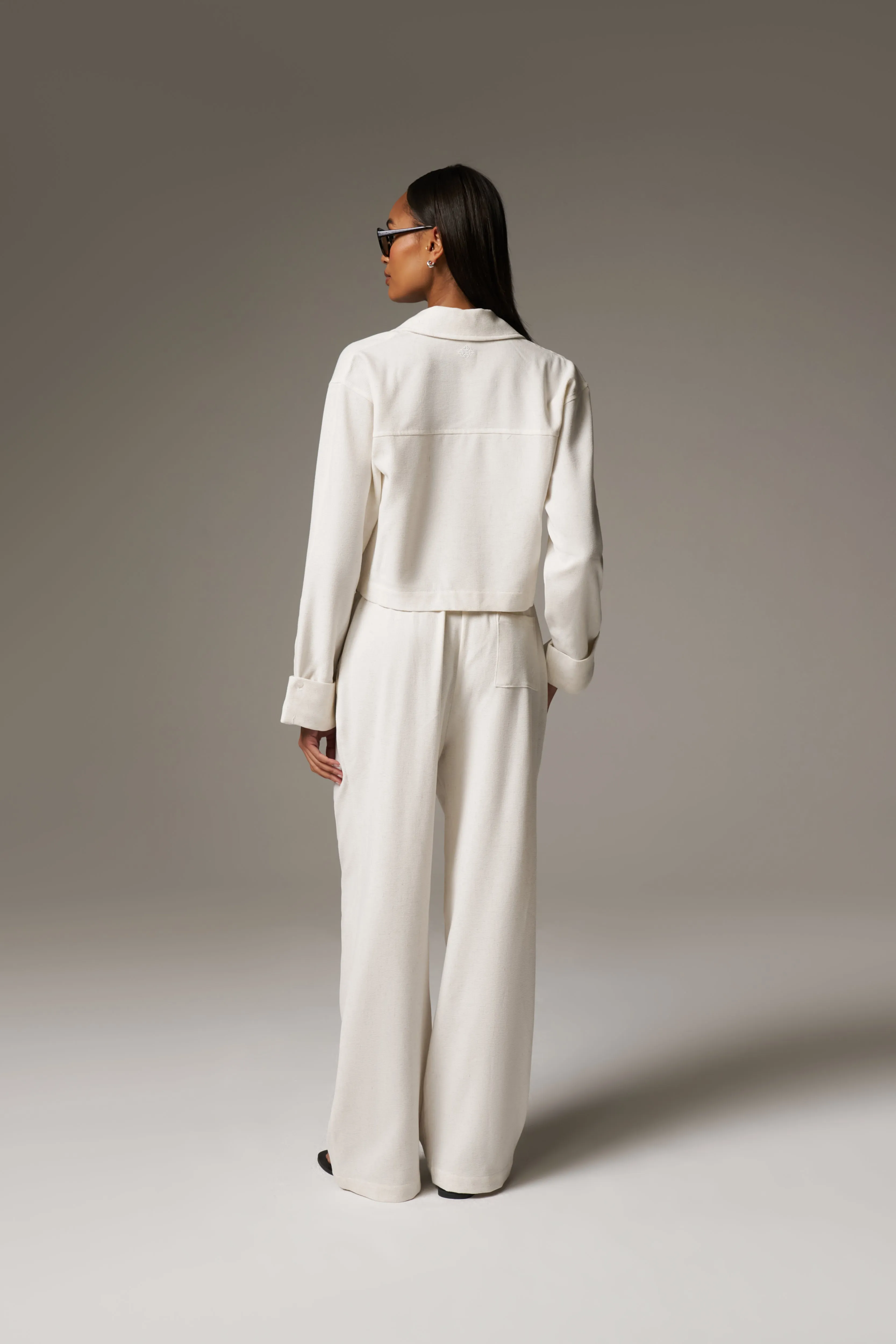 TEXTURED LINEN BUTTON DETAIL TROUSER - BEIGE