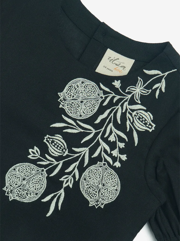 Utsa Kids Black Embroidered Cotton-Blend Top - (2-8yrs)