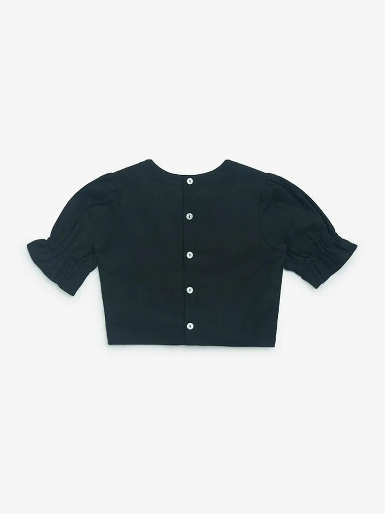 Utsa Kids Black Embroidered Cotton-Blend Top - (2-8yrs)