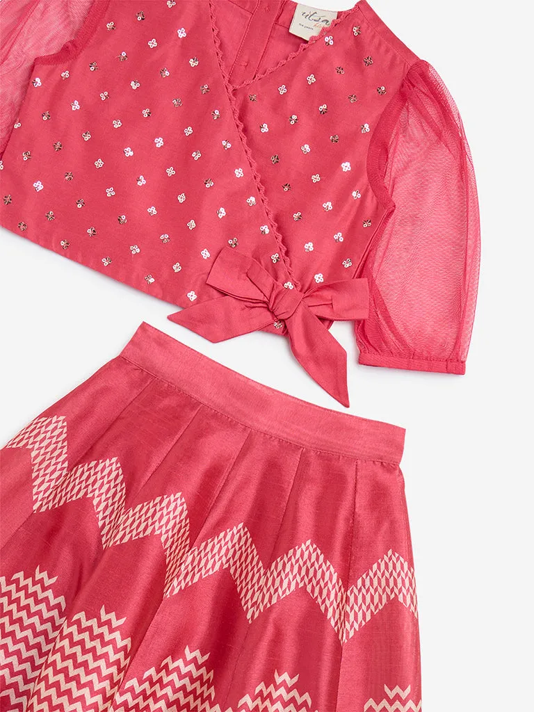 Utsa Kids Coral Chevron Design Top and Skirt Set - (2-8yrs)