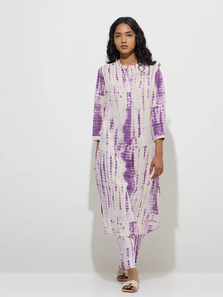 Utsa Purple Tie-Dye Printed Cotton A-Line Kurta