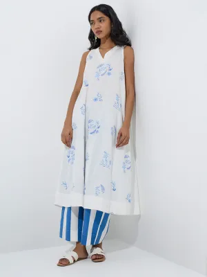 Utsa White Floral Design A-Line Cotton-Blend Kurta