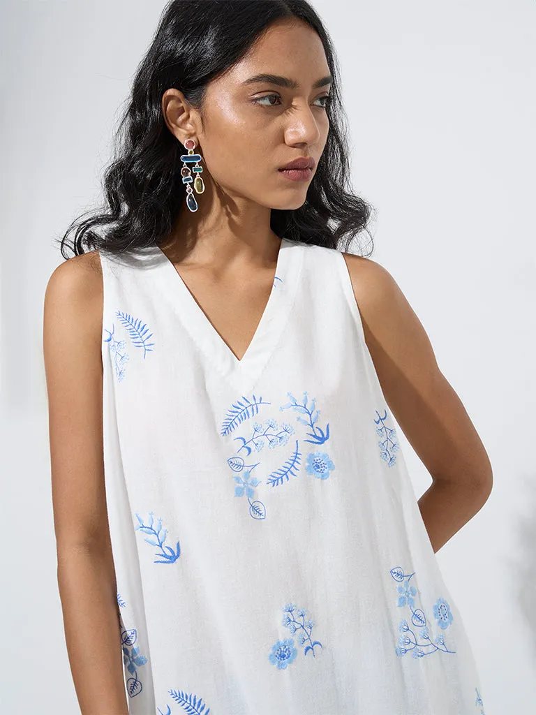 Utsa White Floral Design A-Line Cotton-Blend Kurta