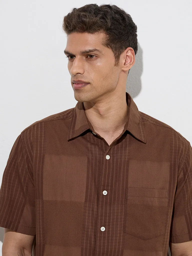 WES Casuals Brown Self-Patterned Relaxed-Fit Cotton Shirt