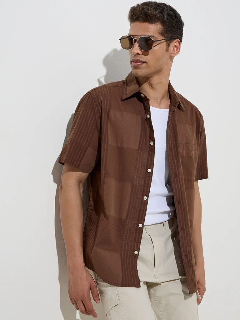 WES Casuals Brown Self-Patterned Relaxed-Fit Cotton Shirt