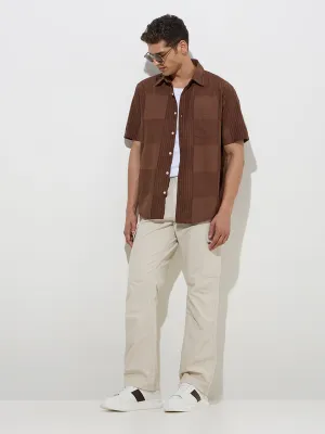 WES Casuals Brown Self-Patterned Relaxed-Fit Cotton Shirt
