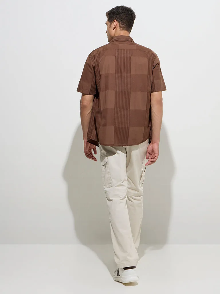 WES Casuals Brown Self-Patterned Relaxed-Fit Cotton Shirt