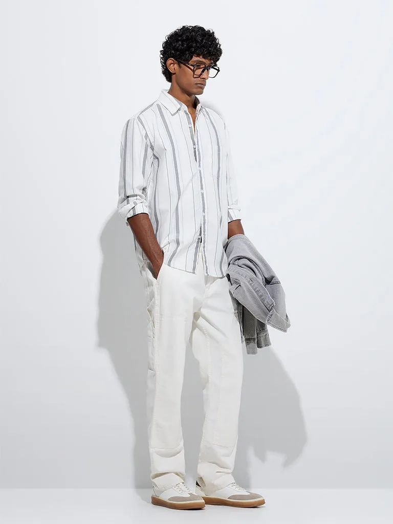 WES Casuals White Stripe Printed Relaxed-Fit Cotton Shirt