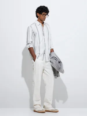 WES Casuals White Stripe Printed Relaxed-Fit Cotton Shirt