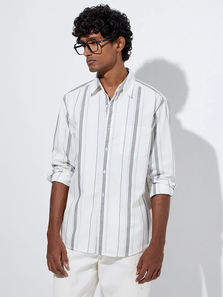 WES Casuals White Stripe Printed Relaxed-Fit Cotton Shirt