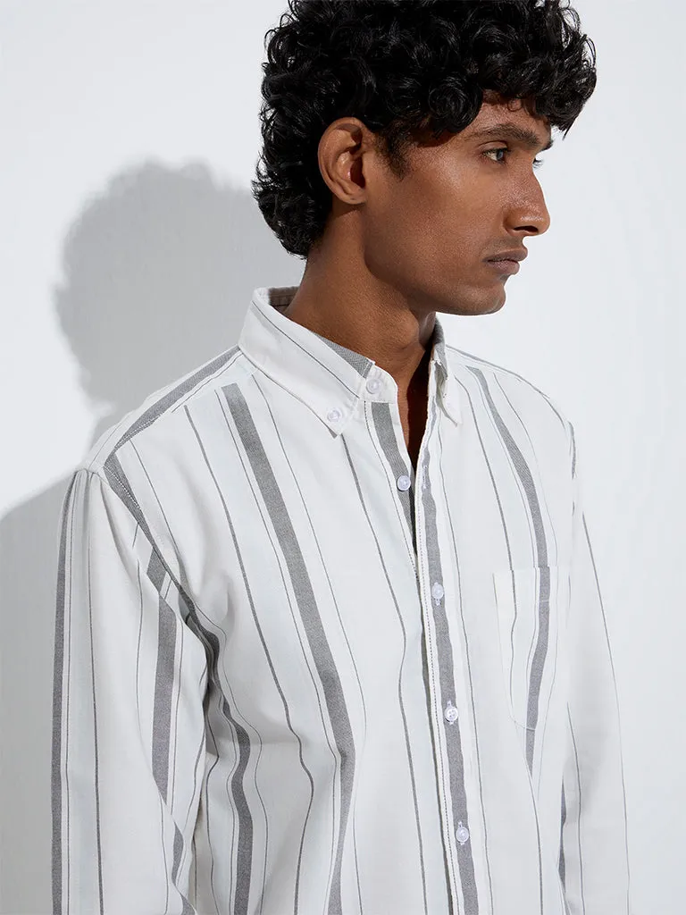 WES Casuals White Stripe Printed Relaxed-Fit Cotton Shirt