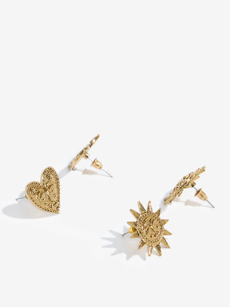 Westside Accessories Gold Sun and Heart Stud Earrings Set - Pack of 2