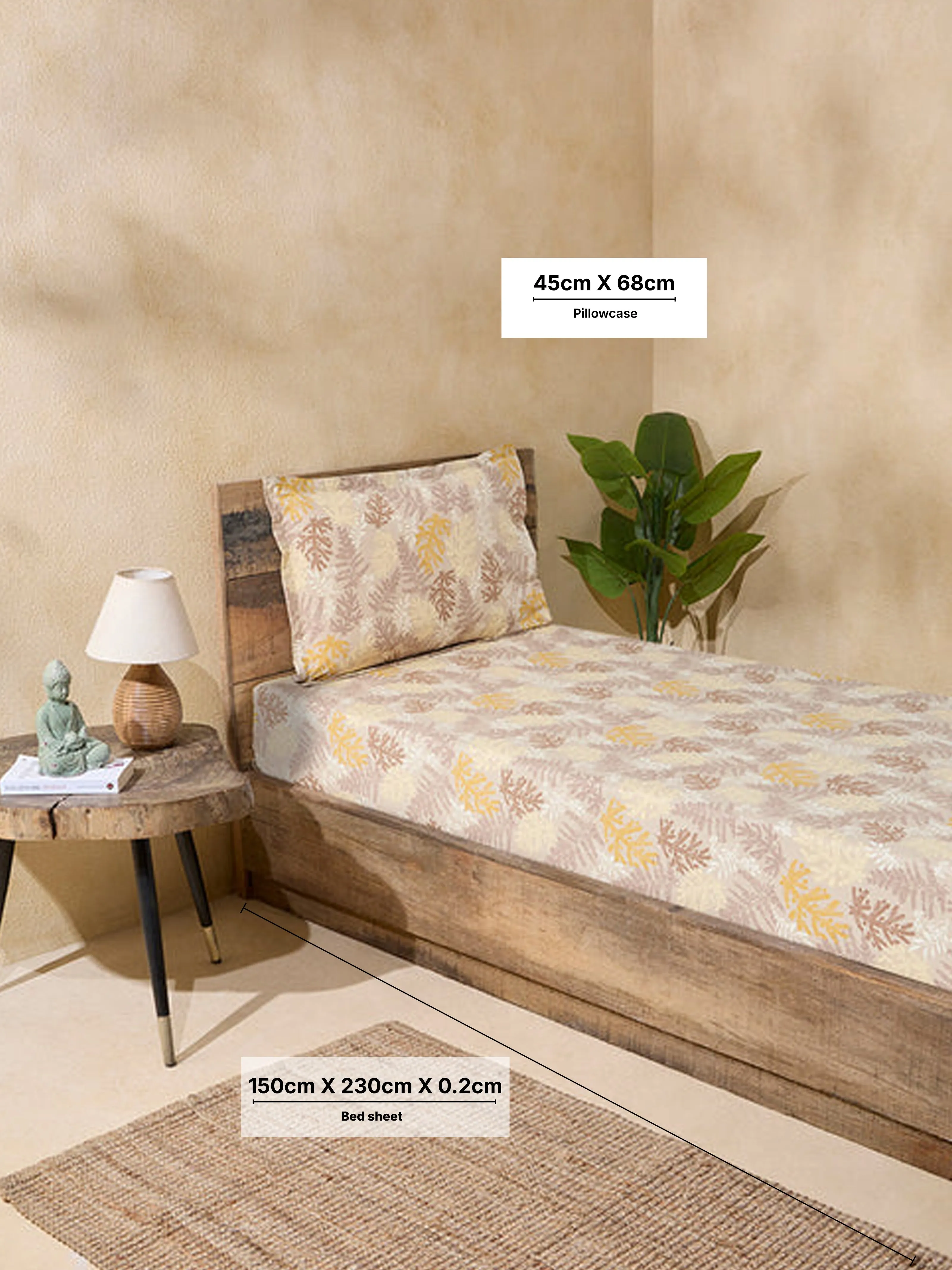 Westside Home Ochre Foliage Single Bed Flat Sheet and Pillowcase Set