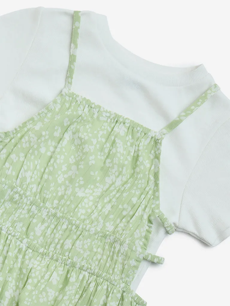 Y&F Kids Green Floral Cotton Dress with T-Shirt Set
