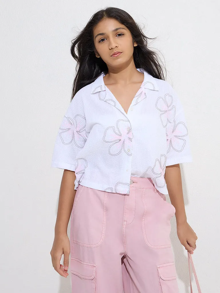 Y&F Kids White Floral Embroidered Cotton-Blend Shirt