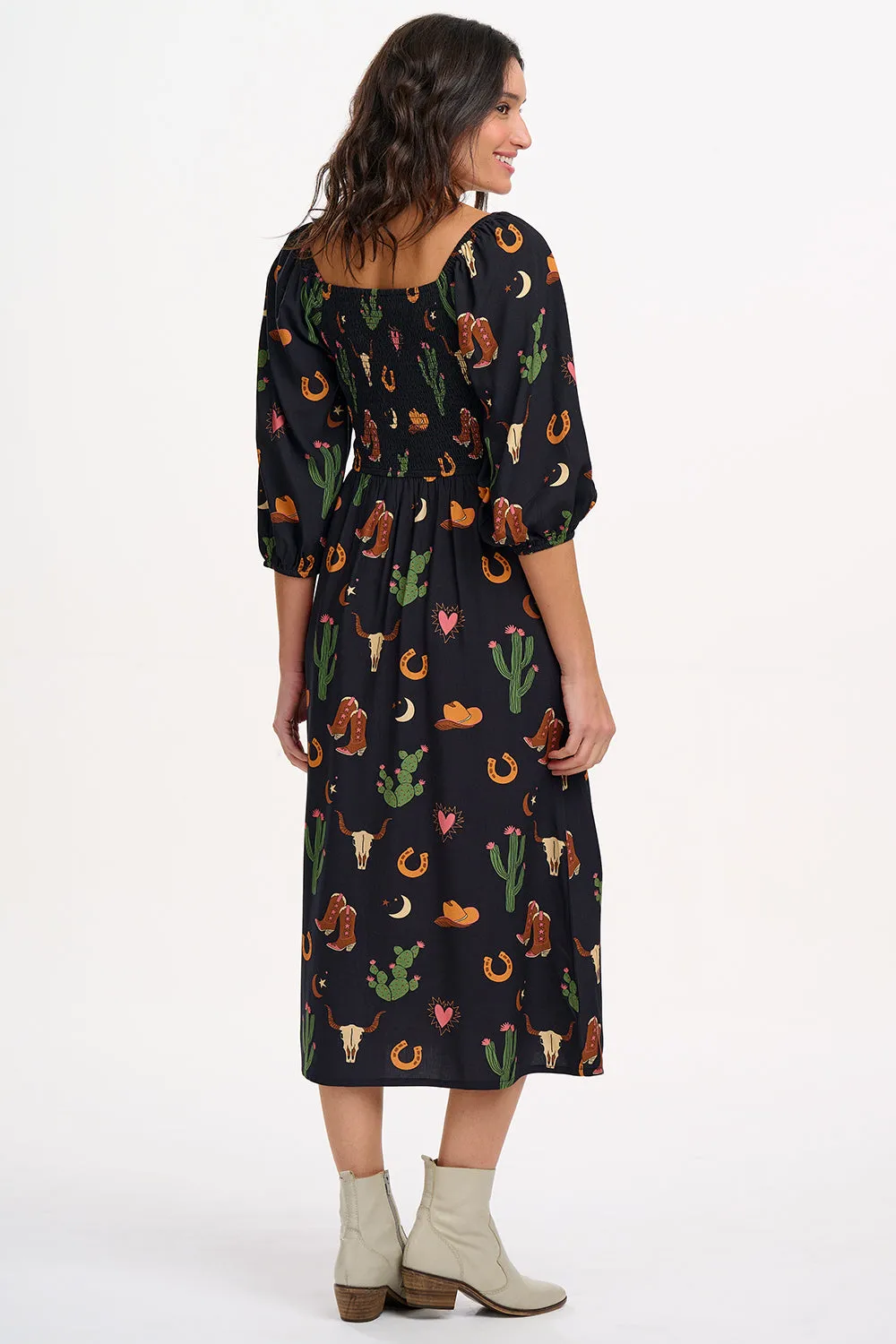 Zinnia Midi Shirred Dress - Black. Cowgirl Print