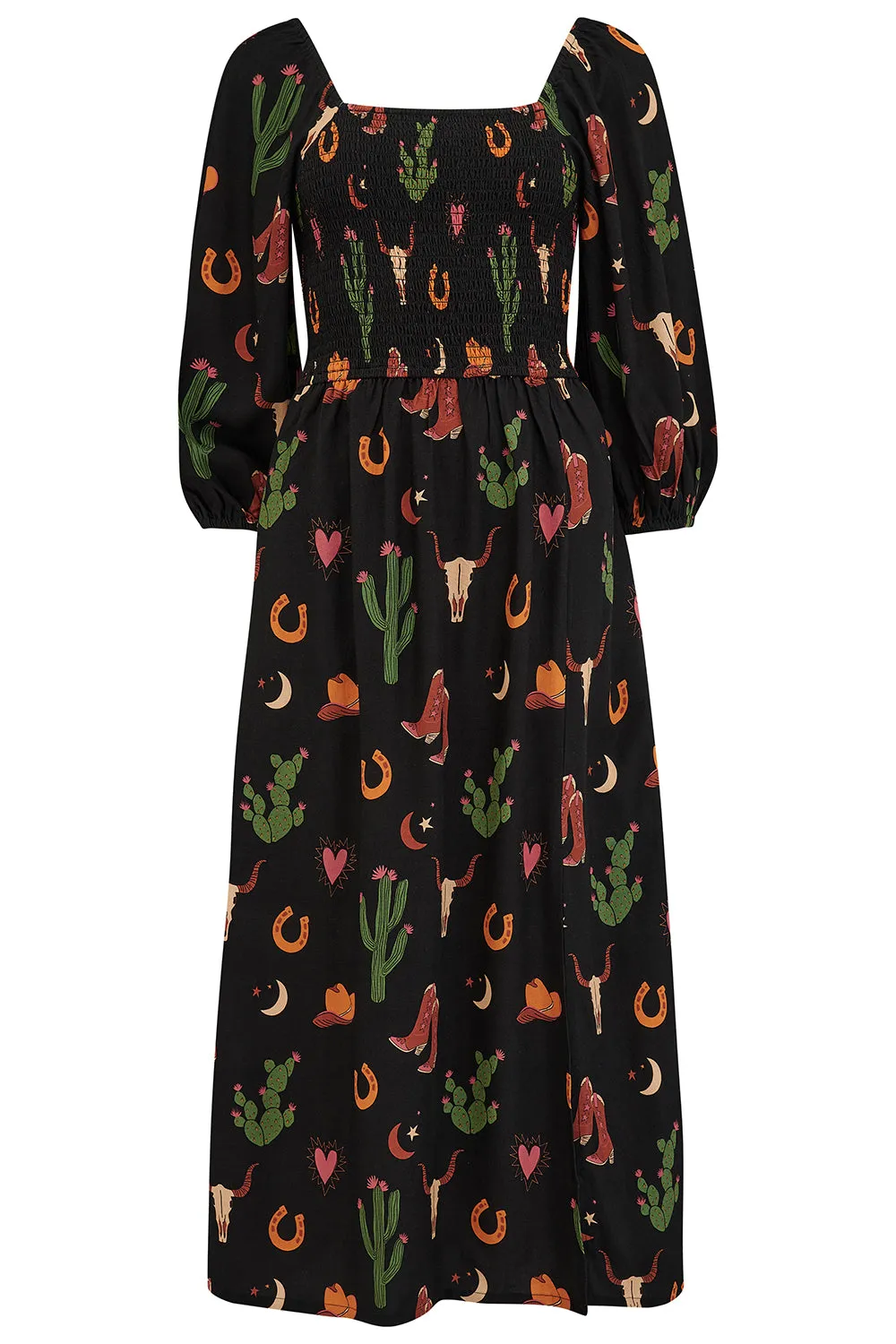 Zinnia Midi Shirred Dress - Black. Cowgirl Print