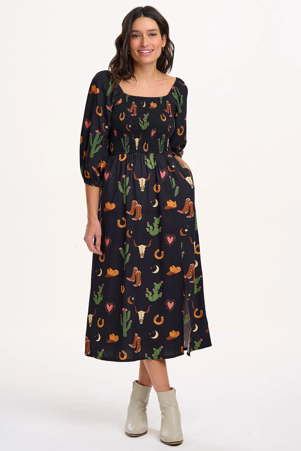 Zinnia Midi Shirred Dress - Black. Cowgirl Print