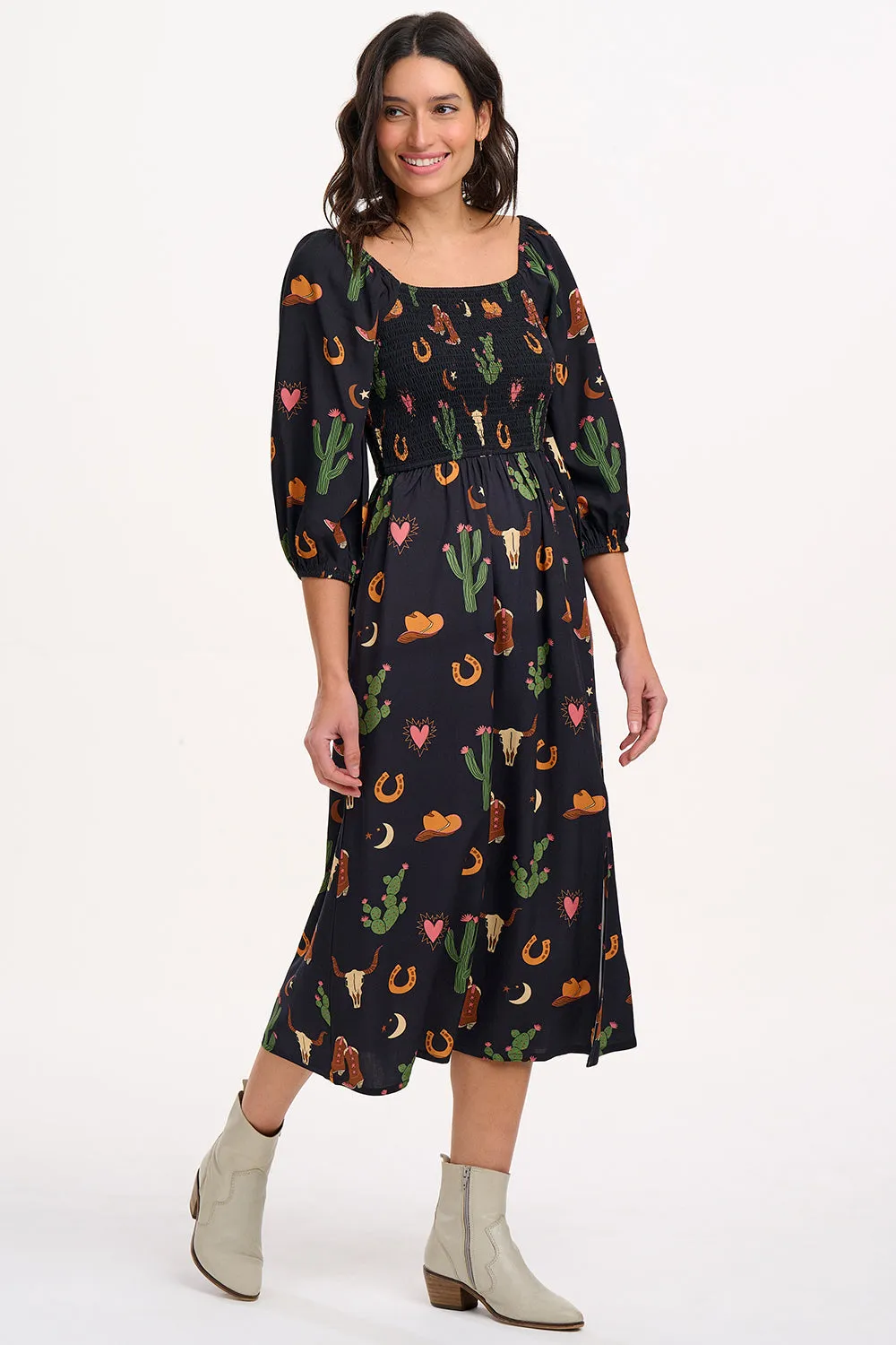 Zinnia Midi Shirred Dress - Black. Cowgirl Print