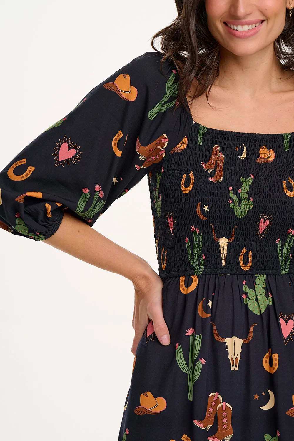 Zinnia Midi Shirred Dress - Black. Cowgirl Print