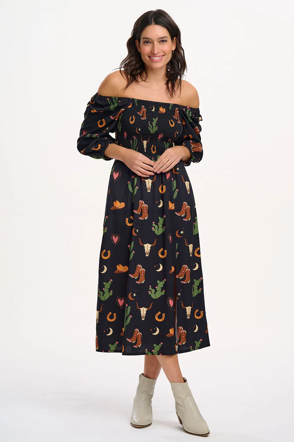 Zinnia Midi Shirred Dress - Black. Cowgirl Print