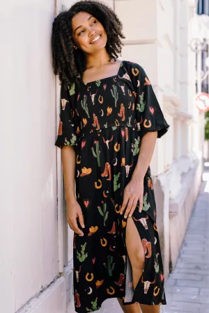 Zinnia Midi Shirred Dress - Black. Cowgirl Print