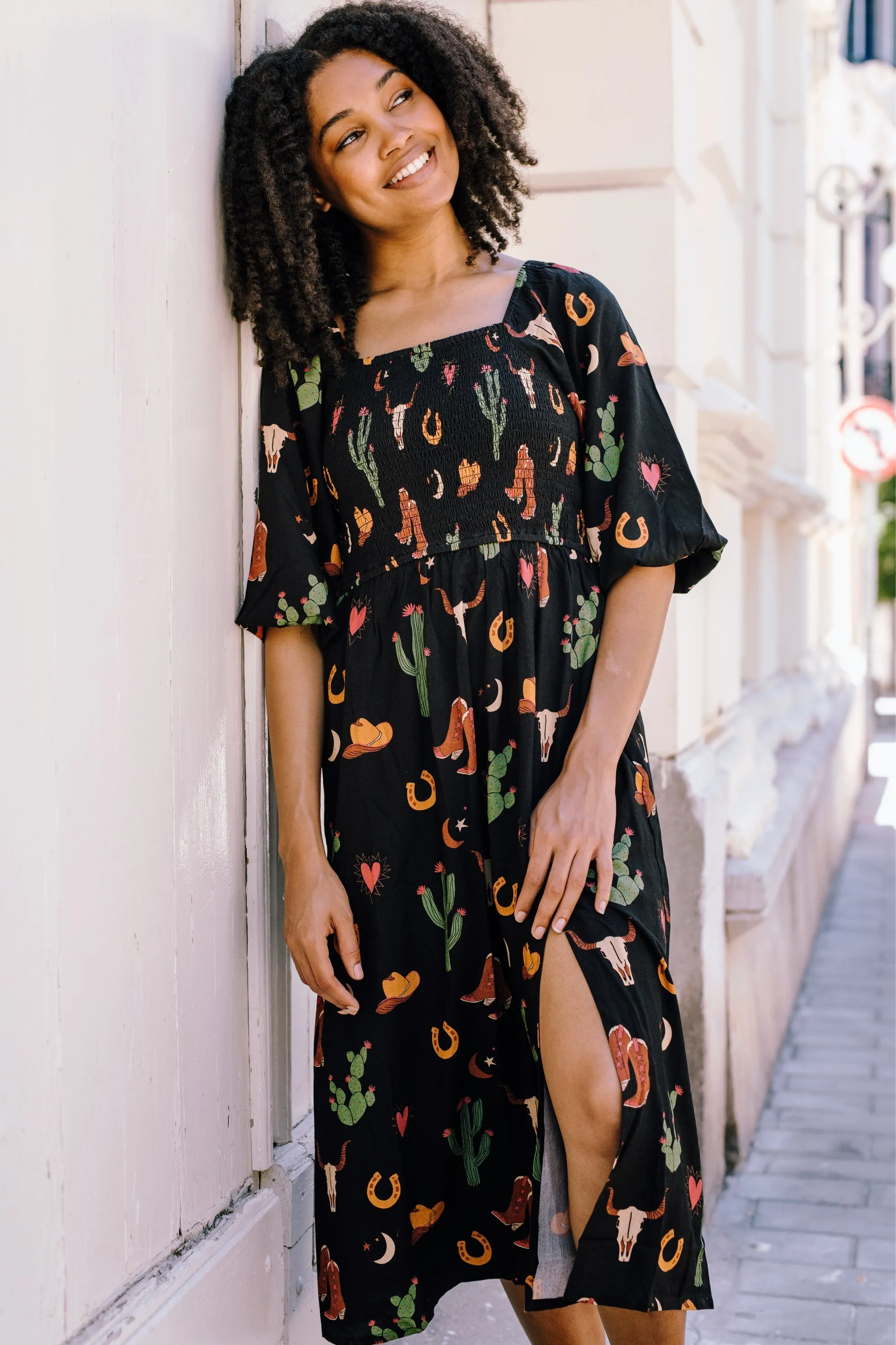 Zinnia Midi Shirred Dress - Black. Cowgirl Print